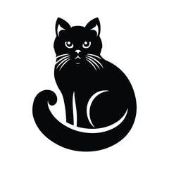 Silhouette of vector black cat, feline, pet animal, kitten or kitty in on white background. Cute cat breed symbol, sticker or icon. Wild animal or cat silhouette