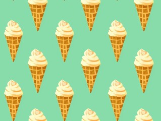 Seamless pattern of golden waffle cones filled with creamy vanilla soft-serve ice cream, displayed on a refreshing mint green background, perfect for summer-inspired designs.	
