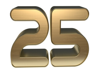 Isolated Logo of Silver Jubilee Anniversary. Gold Metallic Three Dimensional Alphabet 25. 3D Render Illustration.