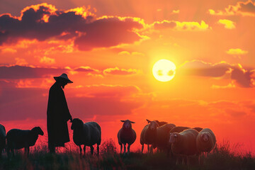Naklejka premium Panoramic photography man shepherd with his flock of sheeps in a coutryside field by sunset generative AI