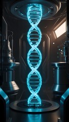 A luminous blue DNA helix shines in a dimly lit biotech lab, enhancing the futuristic ambiance of the environment. 