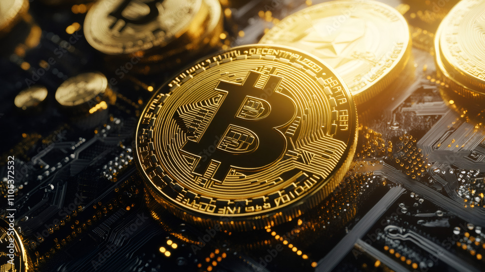 Aufkleber shiny golden bitcoin cryptocurrency coins lying on a computer motherboard, symbolizing the process o