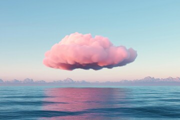 Pink cloud floats above calm sea. Sea reflects soft pink sky. Gentle waves. Peaceful ocean scene. Digital art style. Surreal landscape. Creative design. Relaxing atmosphere.
