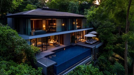 Luxury Villa Nestled in Lush Tropical Rainforest at Night