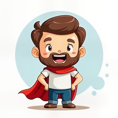 Obraz premium Cute cartoon father dressed as superhero. Happy dad with red cape, joyful expression. Standing proudly with hands on hips. Superb illustration of fatherhood love, fun. Image evokes sense of joy,