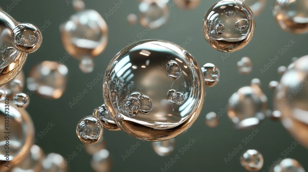 Fototapete mesmerizing visual of transparent bubbles floating and reflecting light against a green background