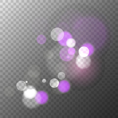 Bokeh lights texture. Transparent background. Abstract blur light effect. Blurred overlay template. Vector illustration.