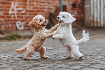 Dogs dancing: Two Happy and Funny Puppies Dancing on the Street in Summer