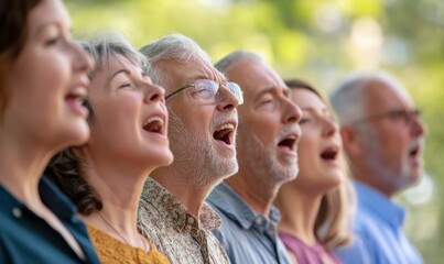 Diverse group of adults singing joyfully outdoors, expressing unity and happiness.