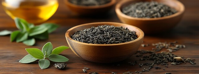 Aromatic Green Tea Leaves and Herbs in a Wooden Bowl.Concept of Natural remedies, herbal medicine,healthy lifestyle,minimalism,zen,Tea industry,organic products,spa and wellness.