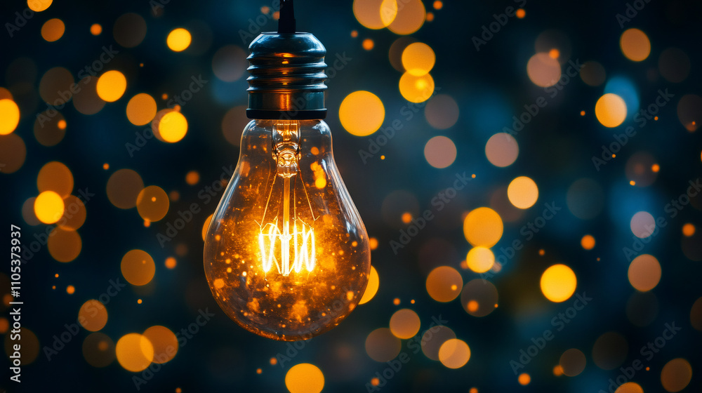 Poster lit light bulb hanging with warm yellow light and orange bokeh effect on a dark background, represen