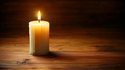 Single glowing candle on a wooden surface, representing reflection, memory, and resilience in the fight against cancer with a serene and tranquil ambiance