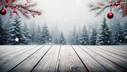 Bożonarodzeniowe, zimowe tło z pustymi deskami i ośnieżonymi choinkami w tle. Nad deskami gałązki z czerwonymi jagodami i bombkami