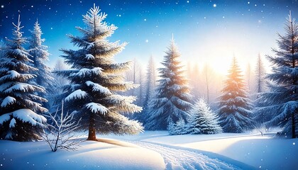 Winter landscape with snow, snow-covered Christmas tree, frosted bushes and trees