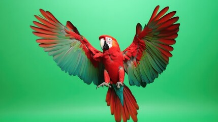 Obraz premium A colorful parrot spreading its wings, set on a sleek green screen for dynamic visuals