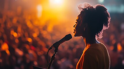 A person giving a motivational speech in a stadium, their strong, inspiring voice reverberating with an African accent, crowd blurred in the background, dynamic lighting highlighting the speaker
