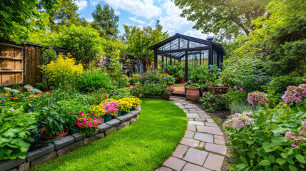 A vibrant garden path winding through colorful flowers and plants alongside a charming greenhouse in full bloom during a sunny day