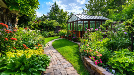 Obraz premium A vibrant garden path winding through colorful flowers and plants alongside a charming greenhouse in full bloom during a sunny day