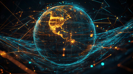 Obraz premium Futuristic connections and data exchange on a global network with planet earth rotating in the background