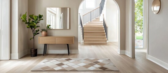 Fototapeta premium Stylish foyer with natural light, modern mirror, and a sleek wooden staircase.