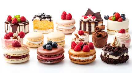 Set of delicious macaroons cakes isolated on white, cut out.
