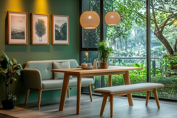 Cozy dining room with natural light and modern design elements