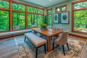 Cozy dining room with natural light and serene outdoor views