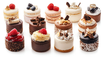 Set of delicious macaroons cakes isolated on white, cut out.