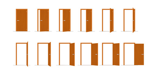 Door opening motion sequence animation. Closed, slightly ajar and open wooden doorways with doorknob. Home, room or office entry. Vector illustration