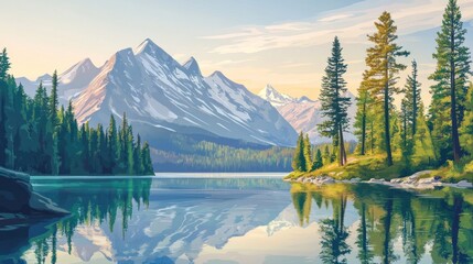 Serene mountain lake reflecting snow-capped peaks and lush evergreen trees at sunrise.