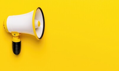 A vibrant yellow background featuring a megaphone, symbolizing communication and marketing strategies in a bold, eye-catching design.