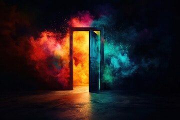 A door to a colorful, imaginative space, set against a dark background.