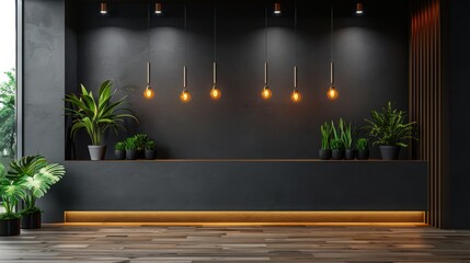 Charcoal grey wall, with hanging blob lights, indoor setting, adding a touch of elegance and warmth.
