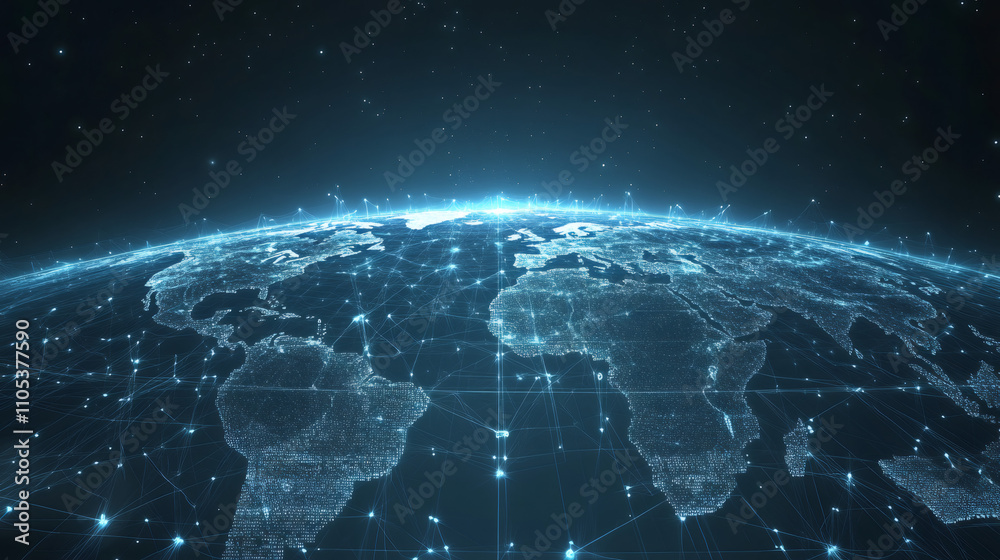 Poster global network and data exchange visualized as shining connections over planet earth rotating in spa