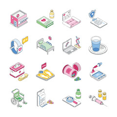 A collection of isometric icons representing various aspects of healthcare