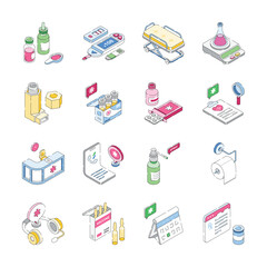 Isometric icons represent a comprehensive range of healthcare essentials, including medication, medical equipment, diagnostic tools, and support services.