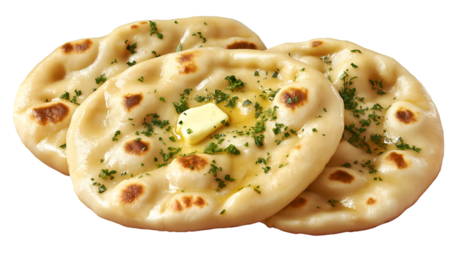 collection of Indian naan bread roti with garlic and butter, isolated cut out.