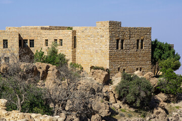 Jordan. Dana Biosphere Reserve, one of Jordan's leading ecotourism reserves. Hotel in Dana village located on edge of large natural canyon Wadi Dana