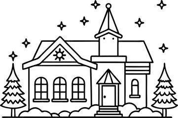 Line art Christmas house coloring page with pine tree and star