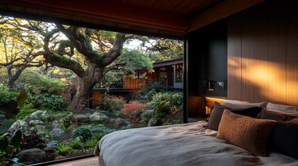 Fototapeta premium Serene Bedroom with Stunning Garden View: A Luxurious Retreat