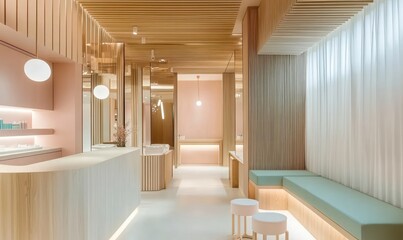 Fototapeta premium A modern beauty salon with soft wood accents, white walls, and turquoise seating.