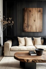 Farmhouse, country style home interior design of modern living room. Rustic style living area with beige sofa, black wall paneling, and organic wood artwork for a warm, natural ambiance.