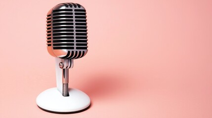 Vintage microphone on a pink background, ideal for music, podcasting, or broadcasting themes.