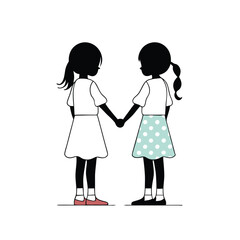 a vector silhouette of two young girls holding hands