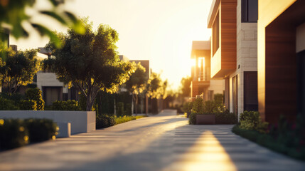 Sunset illuminating a serene residential street lined with modern houses and lush greenery near palm trees