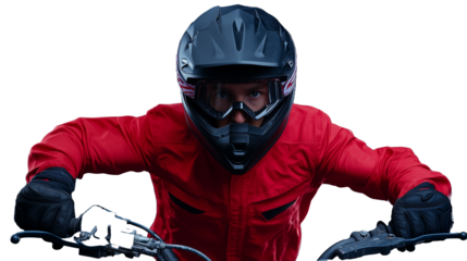 Motorcyclist in Red Gear on Bike with Transparent Background