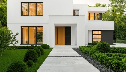 Modern villa with matte black windows, oak door, and well-maintained plants outside.