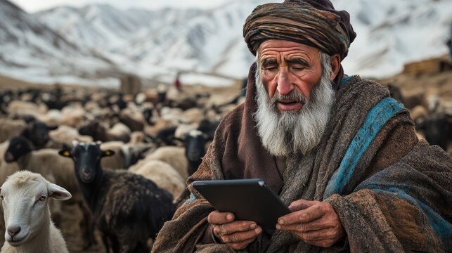 Tradition Meets Technology An Elderly Shepherd Uses A Digital Tablet Amidst His Flock of Goats