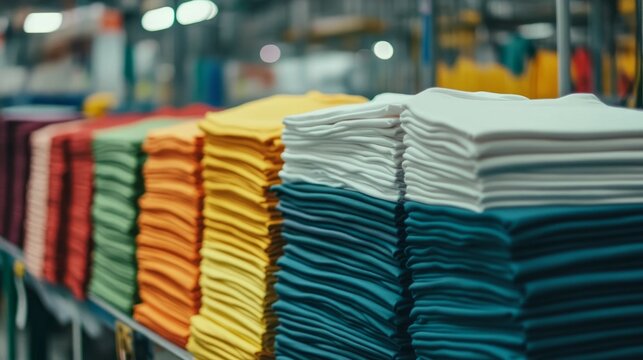 Organized stacks of blank t-shirts in multiple colors ready for the DTF printing process in a professional factory