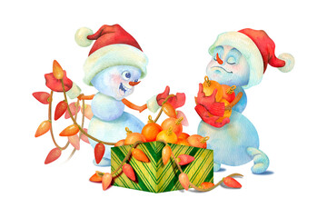 Isolated snowmen scene with funny toddler winter characters sorting out a box of Christmas decorations. Watercolor illustration. Festive clipart for postcards, scrapbooking, holiday design.